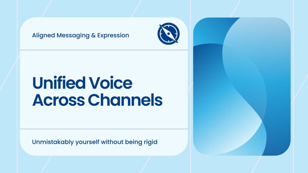 Unified Voice Across Channels infographic showing how to remain unmistakably yourself without being rigid - part of Perfect Blend's Aligned Messaging and Expression methodology for maintaining coherence across every platform and expression